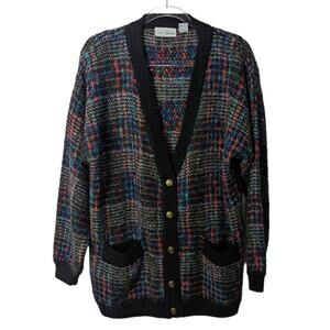 Vintage 80's Croft & Barrow Chunky Knit Tweed Cardigan V Neck Gold Tone Buttons